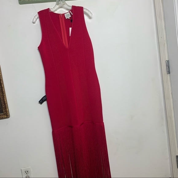 HERVÉ LÉGER Fringed bandage gown V neck Sleeveless red/pink women’s xl new - Picture 3 of 14